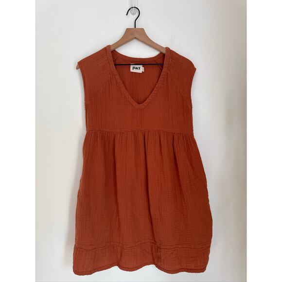 Pact Organic Cotton Gauze V-Neck Babydoll Dress Rust Orange, Size S - Picture 1 of 7